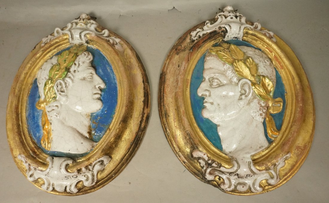 Pair Italian Faience Plaques Roman Busts. Oval: Pair Italian Faience Plaques Roman Busts. Oval relief plaques.-- Dimensions: H: 20.5 inches: W: 16 inches --- US Shipping charge: $50