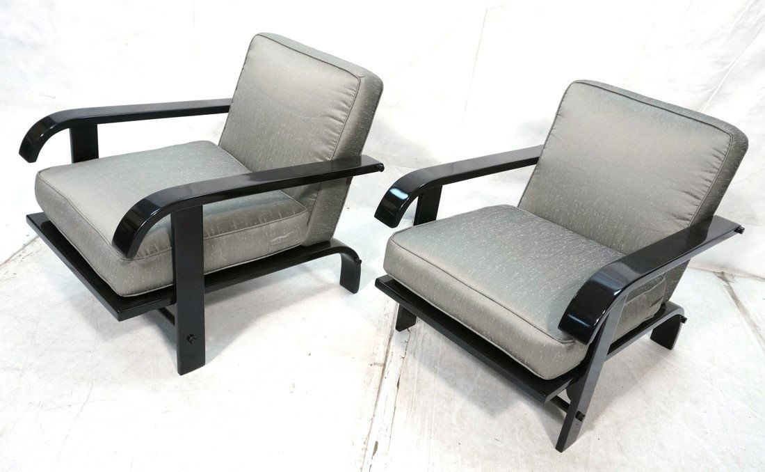 Pr RUSSEL WRIGHT Lounge Chairs. Ebonized Wood Fra: Pr RUSSEL WRIGHT Lounge Chairs. Ebonized Wood Frames. New Gray Upholstery. Black Lacquer wide arms and legs. Perfect for today's decorating style. Not marked.-- Dimensions: H: 28.5 inches: W: 26 inche