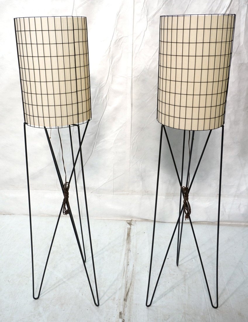 Pr Tall 50's Modern Black Iron Hairpin Floor Lamp: Pr Tall 50's Modern Black Iron Hairpin Floor Lamps. PAUL MAYEN. Hairpin bases support cylindrical shade with textured paper lining.-- Dimensions: H: 57.75 inches: W: 12 inches: D: 12 inches ---