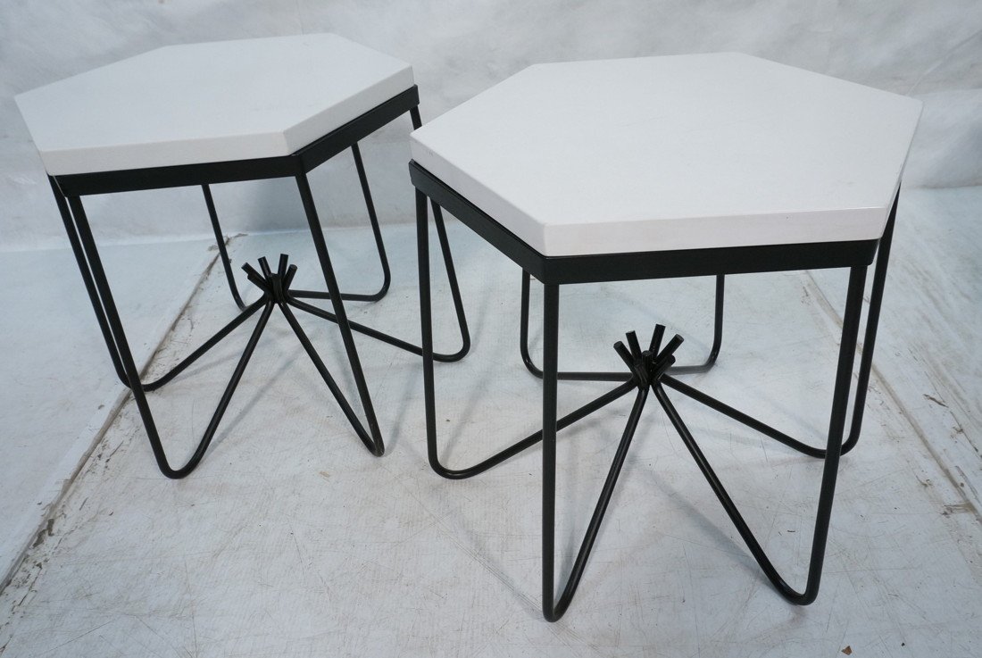 Pr Jean Royere Style Black Iron Base White Compos: Pr Jean Royere Style Black Iron Base White Composite Side Tables. Hexagonal White Tops on decorative iron rod base. -- Dimensions: H: 19.258 inches: W: 18 inches ---