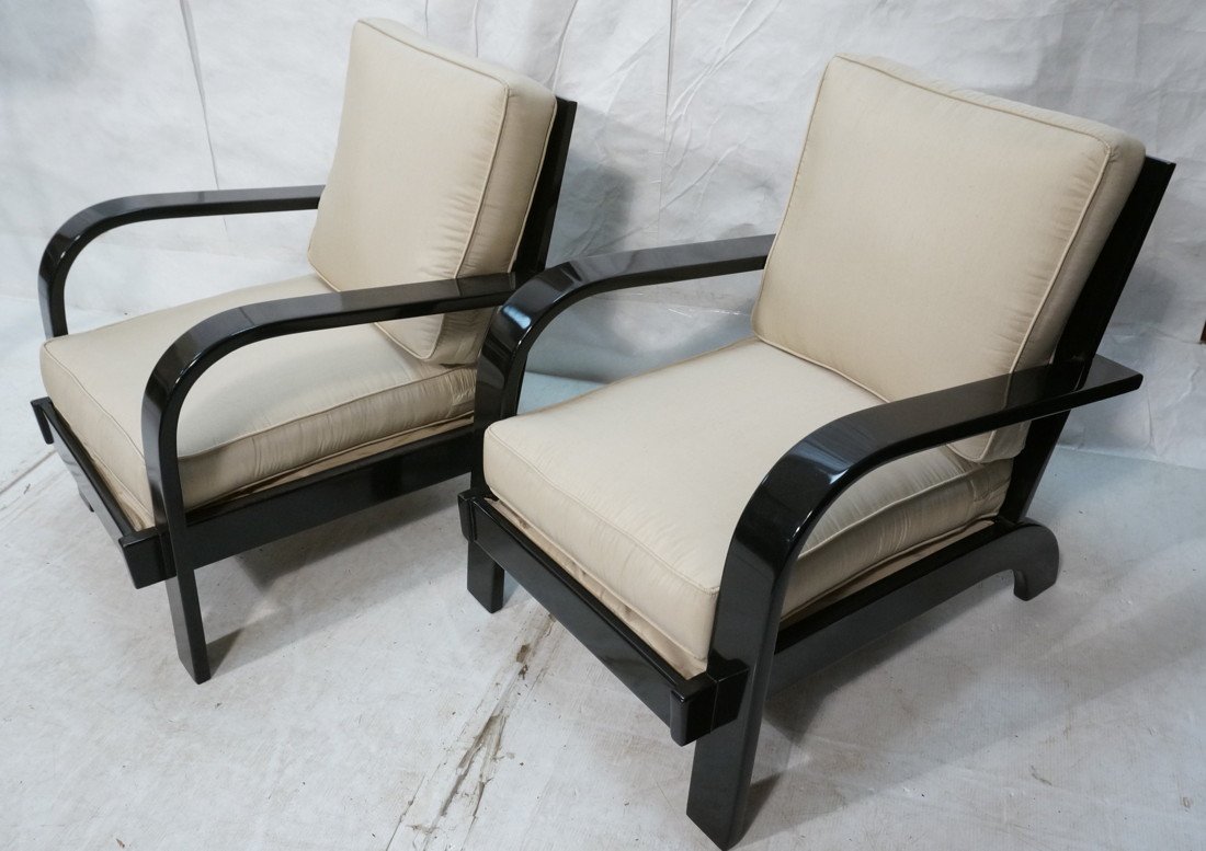 Pr RUSSEL WRIGHT Black Lacquer Lounge Chairs. Ebo: Pr RUSSEL WRIGHT Black Lacquer Lounge Chairs. Ebonized Wood frames. Clean new beige upholstery.-- Dimensions: H: 30.25 inches: W: 26.5 inches: D: 34 inches ---