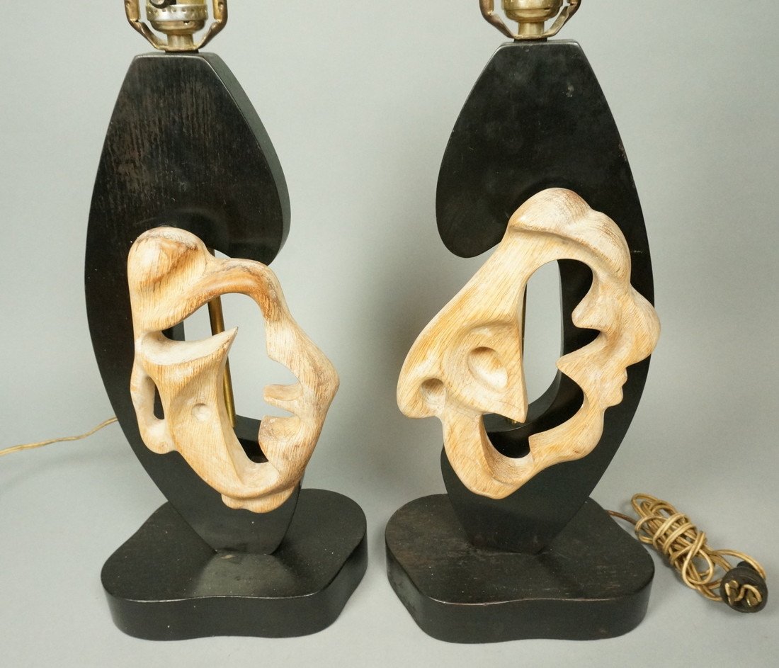 Pr HEIFETZ Ebonized Table Lamps. Carved Natural W: Pr HEIFETZ Ebonized Table Lamps. Carved Natural Wood Elements. Black lacquer. Signed Heifetz. -- Dimensions: H: 28 inches: W: 9 inches: D: 5 inches ---