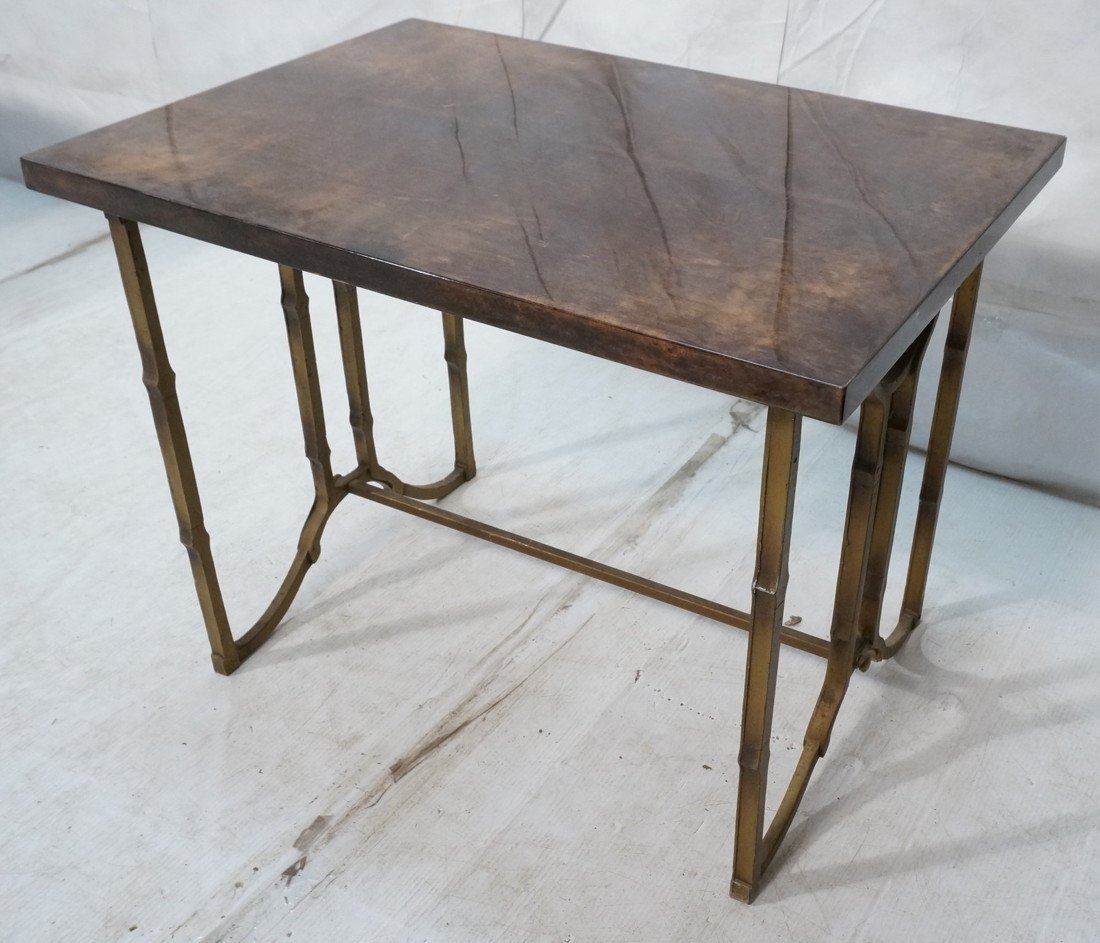 ALDO TURA Lacquered Goatskin Italian Milano Nalia: ALDO TURA Lacquered Goatskin Italian Milano Nalia. Stylish Gilt Iron Legs. Brown goat skin top. Marked.-- Dimensions: H: 21 inches: W: 28 inches: D: 20 inches ---