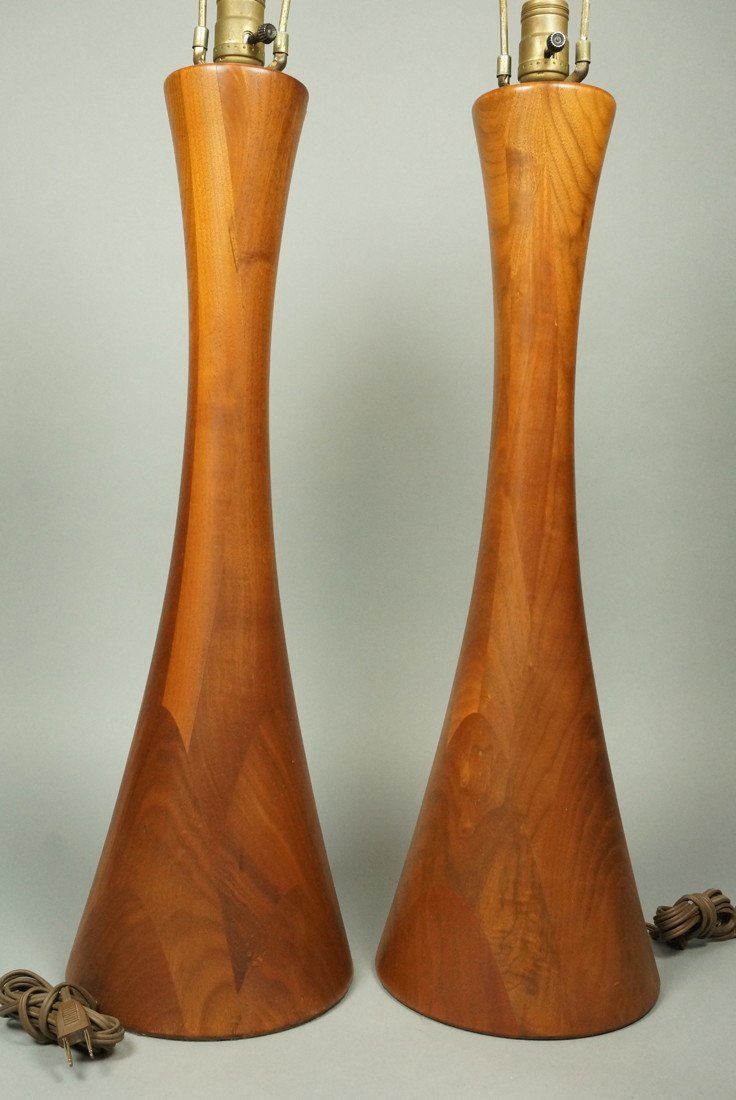 Pr Tall American Modern Walnut Wood Table Lamps.: Pr Tall American Modern Walnut Wood Table Lamps. PHILIP POWELL style. Form. -- Dimensions: H: 36 inches: W: 9 inches ---