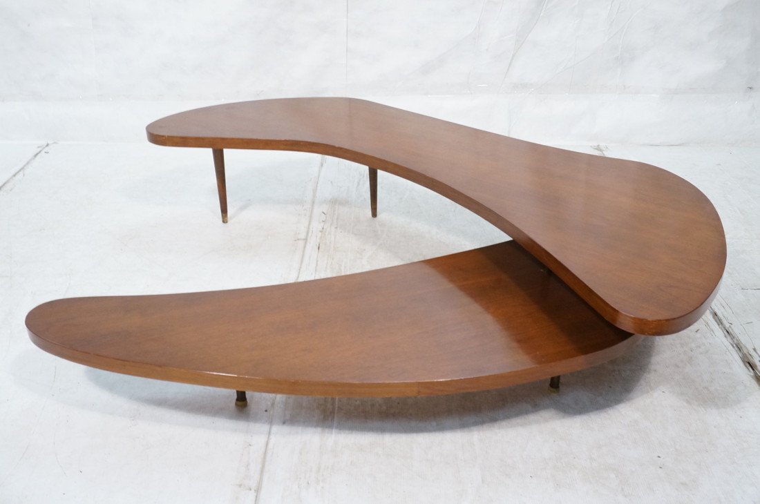 Two Tier American Modern Walnut Swing Out Top Cof: Two Tier American Modern Walnut Swing Out Top Coffee Table. Dark metal column legs & supports. Adjustable Top can swing out to create an "L" form or any configuration. -- Dimensions: H: 16 inches: W: 