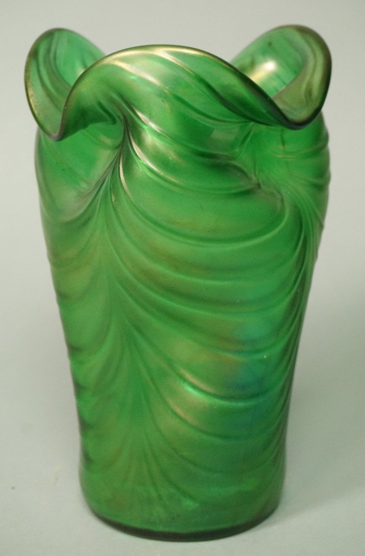 LOETZ style Iridescent Green Art Glass Vase. Ripp: LOETZ style Iridescent Green Art Glass Vase. Rippled Rim. Swag surface details. Polished pontil mark. Not marked-- Dimensions: H: 7 inches: W: 4 inches --- US Shipping charge: $20