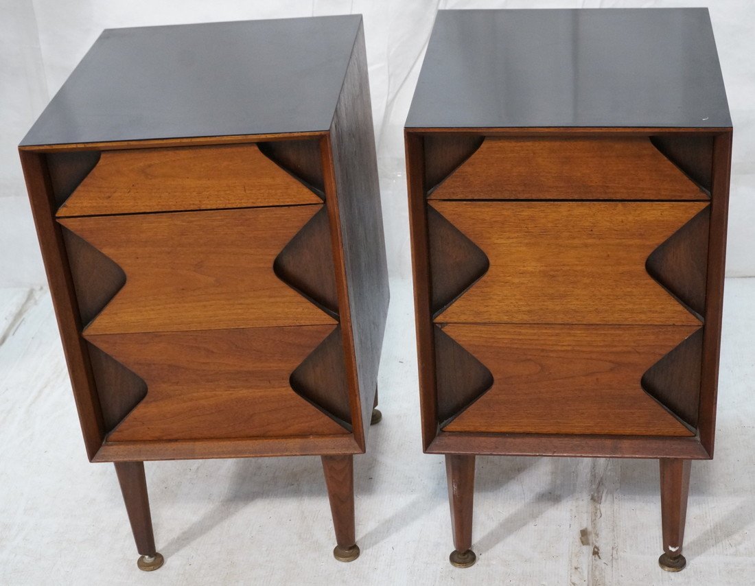 Pr Modernist Night Stands. GROSFELD HOUSE. Three: Pr Modernist Night Stands. GROSFELD HOUSE. Three Drawers with contrasting color shaped fronts. Peg legs. Marked. -- Dimensions: H: 30 inches: W: 17 inches: D: 19 inches ---