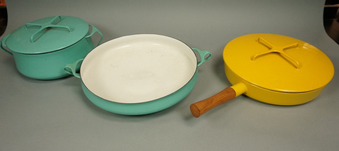 3pcs DANSK KOBENSTYLE Enamel Ware. Paella Pan. Sk: 3pcs DANSK KOBENSTYLE Enamel Ware. Paella Pan. Skillet. Lidded Pot. Yellow & Aqua Enamel.-- Dimensions: H: 3.75 inches: W: 17.25 inches: D: 13.75 inches --- US Shipping charge: $35