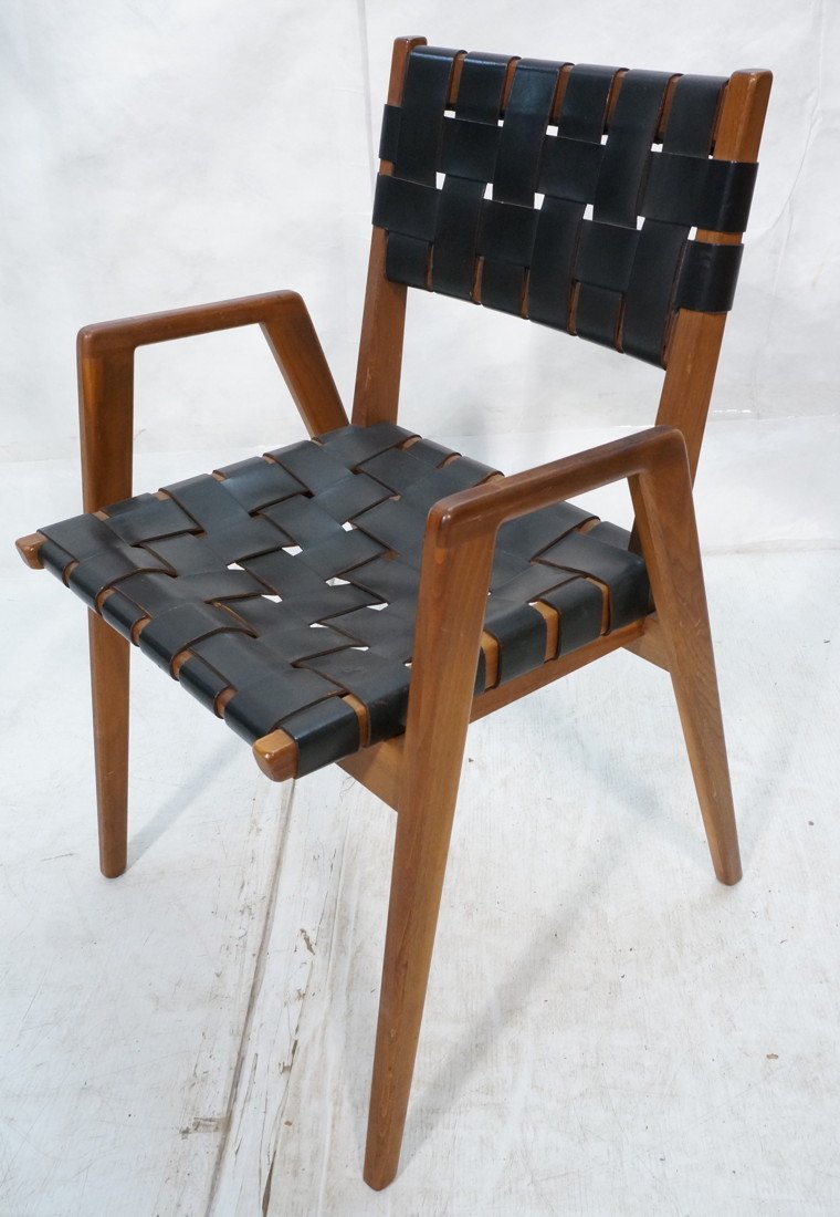 Jens Risom style Arm Chair. Angular Wood Frame. W: Jens Risom style Arm Chair. Angular Wood Frame. Woven wide leather slat seat & back. Not Marked.-- Dimensions: H: 31.75 inches: W: 20 inches: D: 22 inches ---