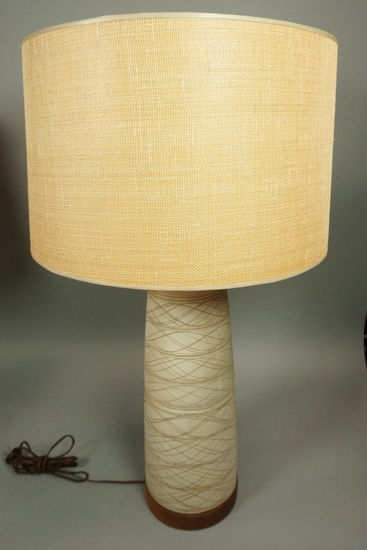 MARSHALL STUDIOS Tall Ceramic Lamp. MARTZ Two Par: MARSHALL STUDIOS Tall Ceramic Lamp. MARTZ Two Part Pottery Lamp. Wood Trim & Finial. Original Martz paper label. Signed.-- Dimensions: H: 33 inches ---