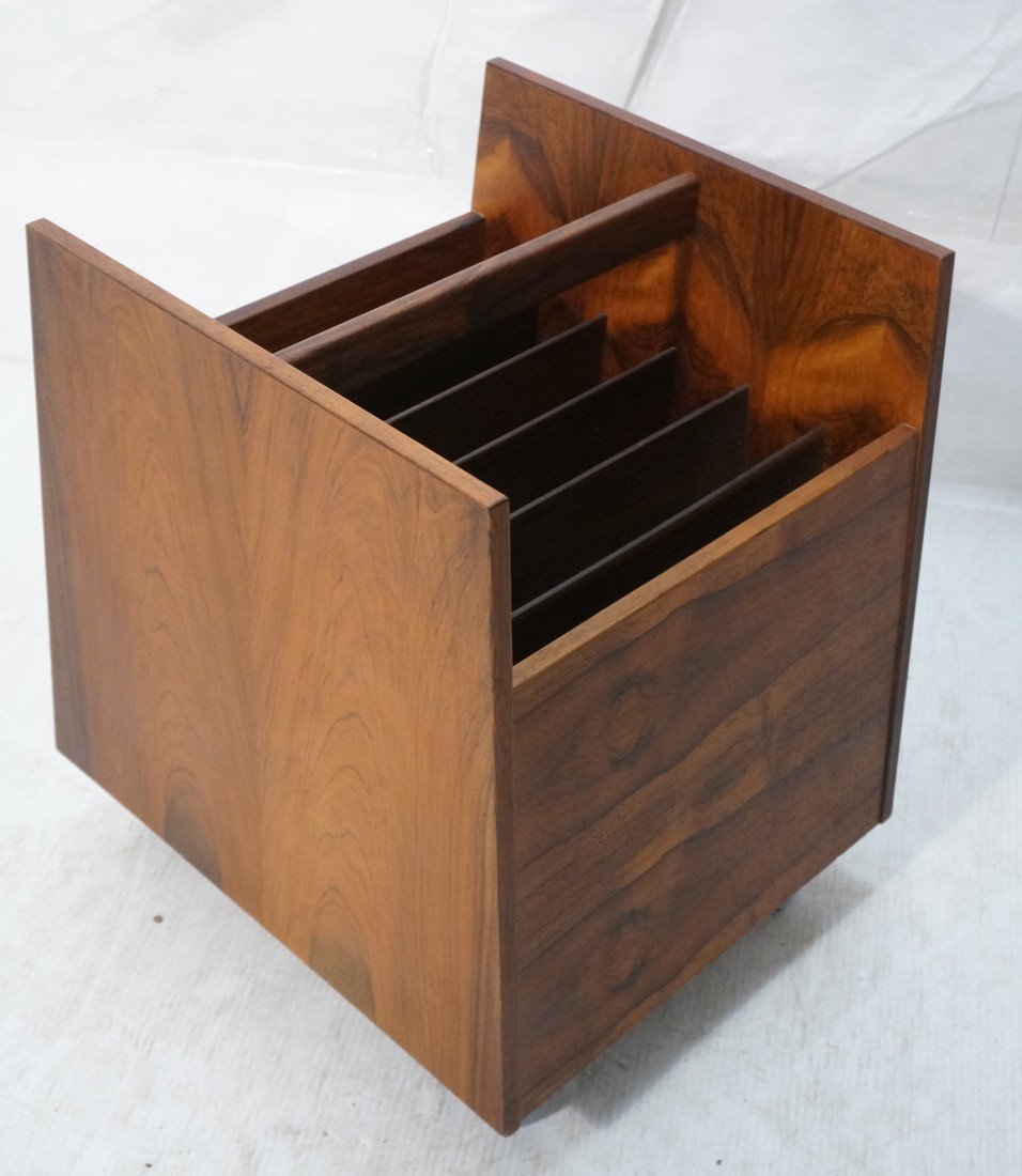BRUXBO Danish Rosewood Magazine Rack. Six interio: BRUXBO Danish Rosewood Magazine Rack. Six interior compartments. Rolling form. Label-- Dimensions: H: 17.75 inches: W: 13.5 inches: D: 16 inches ---
