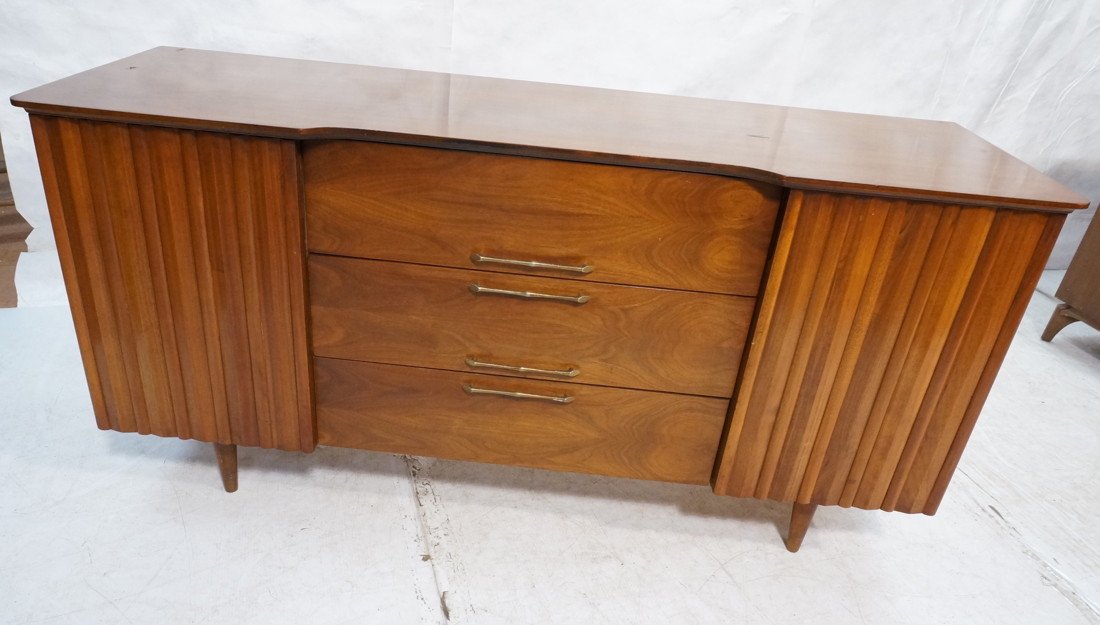 American Modern Credenza Sideboard. Two Decorativ: American Modern Credenza Sideboard. Two Decorative Doors. Three Drawers. Metal bamboo pulls. Shaped front-- Dimensions: H: 30.75 inches: W: 62 inches: D: 20 inches ---