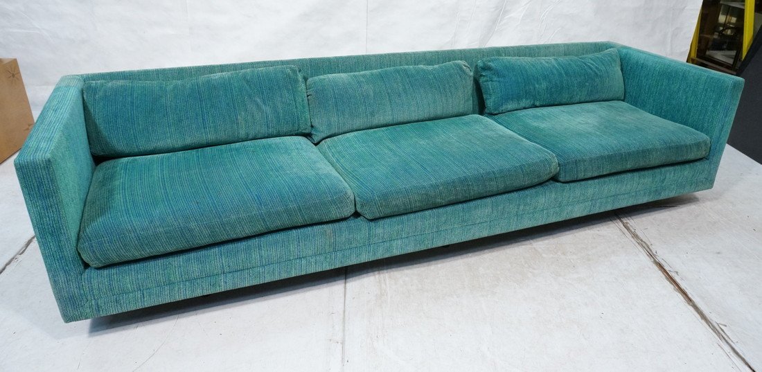 Long HARVEY PROBBER Sofa Couch. Aqua Turquoise Fa: Long HARVEY PROBBER Sofa Couch. Aqua Turquoise Fabric upholstery on long horizontal frame. Wood peg legs. Marked.-- Dimensions: H: 25 inches: W: 102 inches: D: 32 inches ---