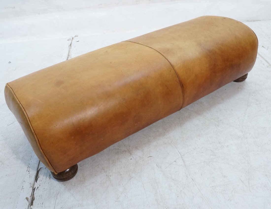 Leather Low Bench Footstool. Bun Feet. Contempora: Leather Low Bench Footstool. Bun Feet. Contemporary Tan Aged Leather Bench-- Dimensions: H: 12 inches: W: 43 inches: D: 17 inches ---