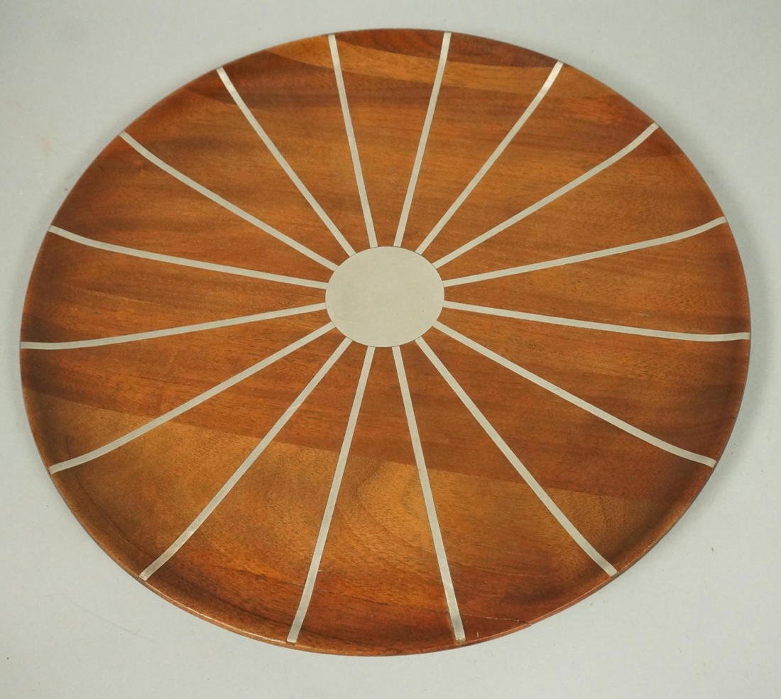 Designers Inc. Paul Evans Walnut Charger with Pew: Designers Inc. Paul Evans Walnut Charger with Pewter Inlay. Starburst deign.-- Dimensions: H: 17.5 inches --- US Shipping charge: $20