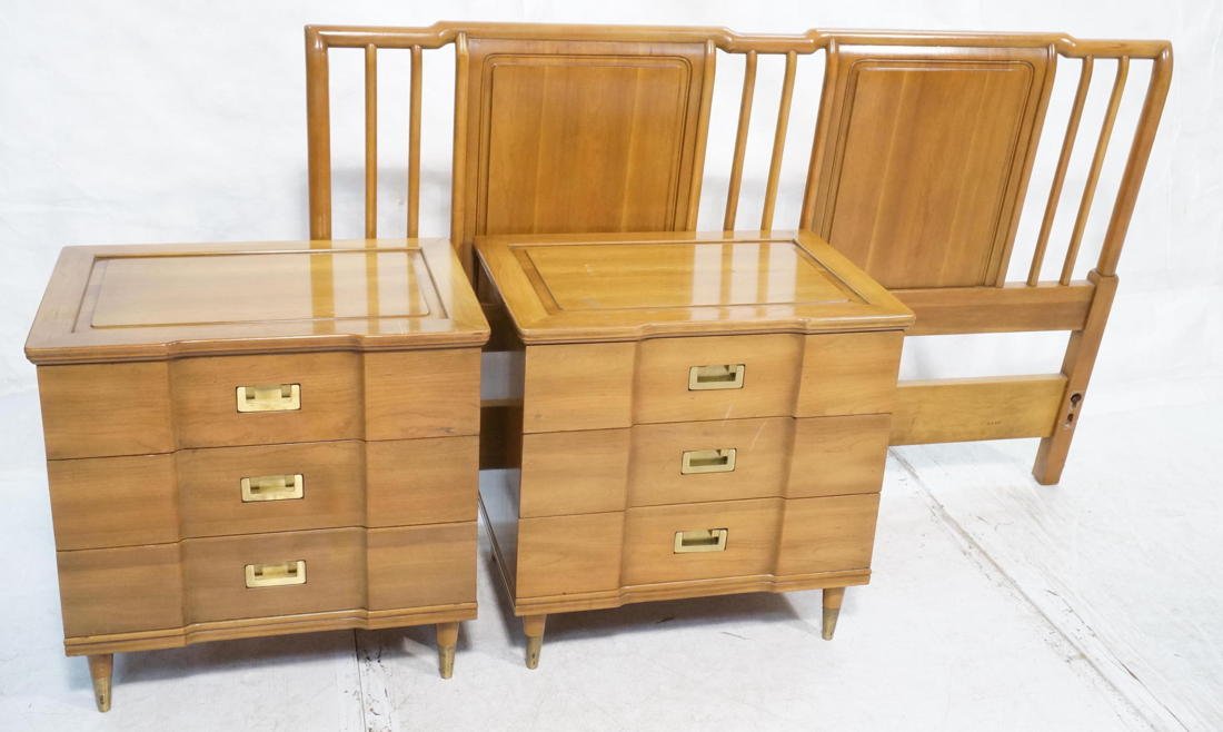 3pc WIDDICOMB Modernist Night Stands & Headboard.: 3pc WIDDICOMB Modernist Night Stands & Headboard. Three Drawer Stands with recessed brass pulls. Shaped fronts. Brass foot caps. With Headboard 38.5"h x 62"L. Marked.-- Dimensions: H: 24.5 inches: W: