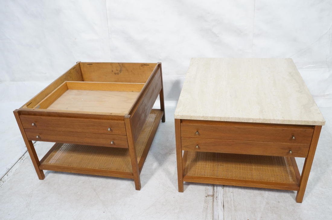Pr PAUL McCOBB Calvin Side Tables Stands. Two Dra: Pr PAUL McCOBB Calvin Side Tables Stands. Two Drawers. One with Travertine Top; One missing top. Both labeled-- Dimensions: H: 19 inches: W: 24 inches: D: 28 inches ---