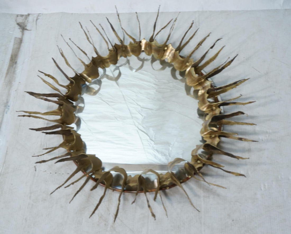 Round Metal Brutalist Sunburst Wall Sculpture wit: Round Metal Brutalist Sunburst Wall Sculpture with Mirror-- Dimensions: H: 26 inches: W: 26 inches ---
