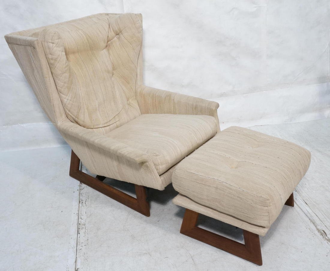 ADRIAN PEARSALL Style Lounge Chair & Ottoman. Tal: ADRIAN PEARSALL Style Lounge Chair & Ottoman. Tall wing back style chair. Walnut angled leg frames. Oatmeal fabric upholstery. -- Dimensions: H: 37 inches: W: 34 inches: D: 38 inches ---
