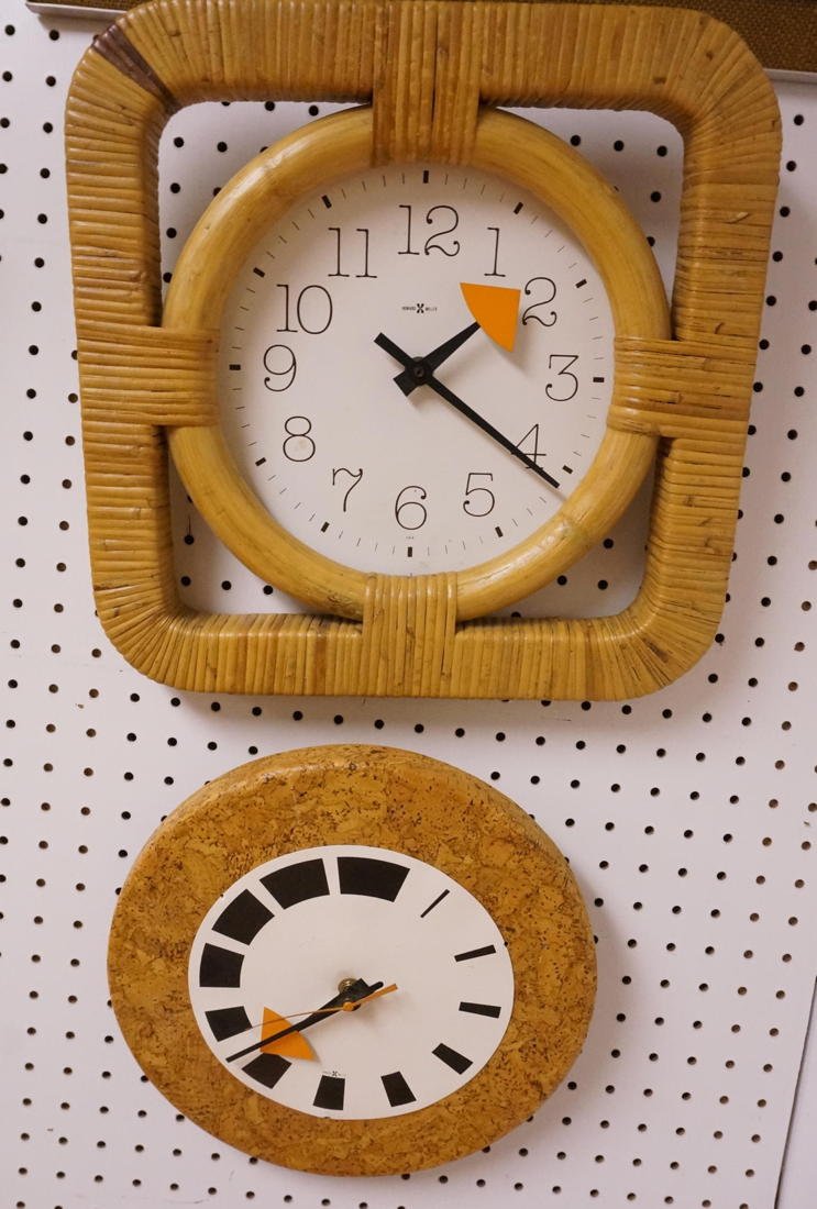 Two HOWARD MILLER Wall Clocks. Both signed. 1 rat: Two HOWARD MILLER Wall Clocks. Both signed. 1 rattan and 1 cork.-- Dimensions: H: 17 inches --- US Shipping charge: $35