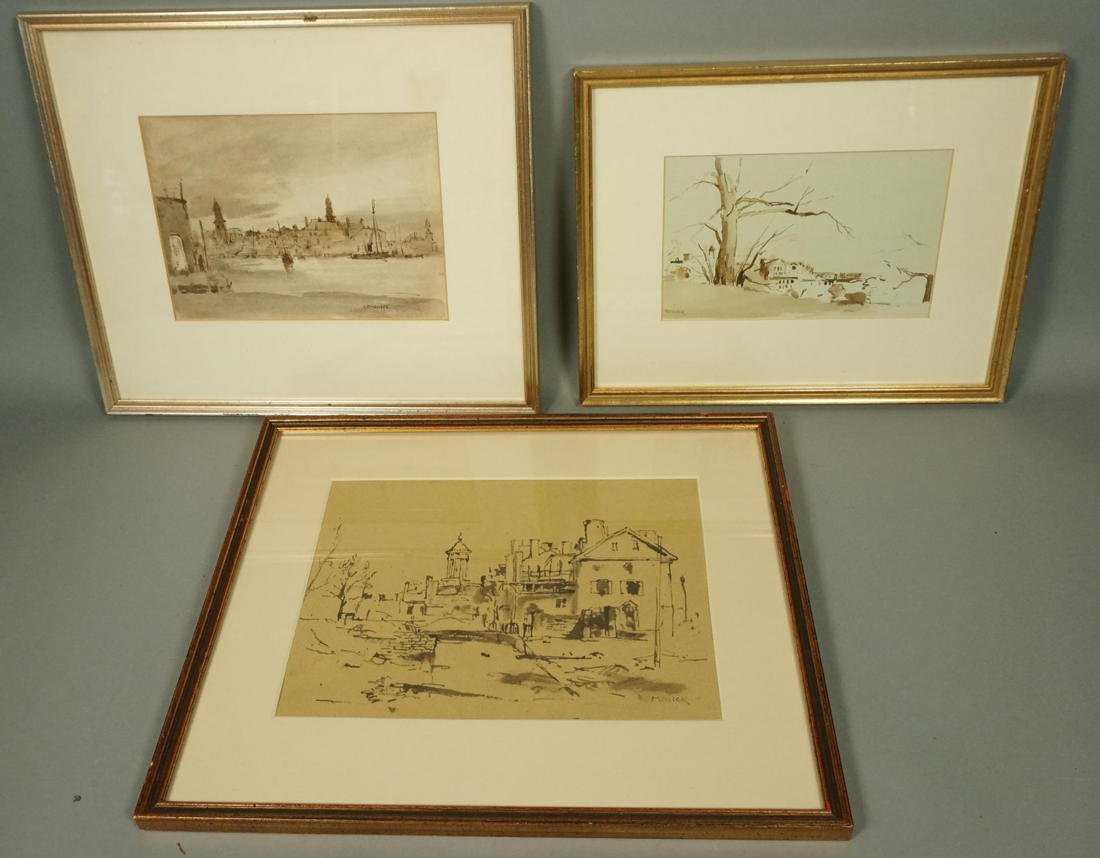 3pc SEYMOUR REMENICK Watercolor Paintings. Harbor: 3pc SEYMOUR REMENICK Watercolor Paintings. Harbor Scene. Landscape. Landscape with Buildings. All signed. -- Dimensions: Image Size: H: 8.75 inches: W: 12 inches ---