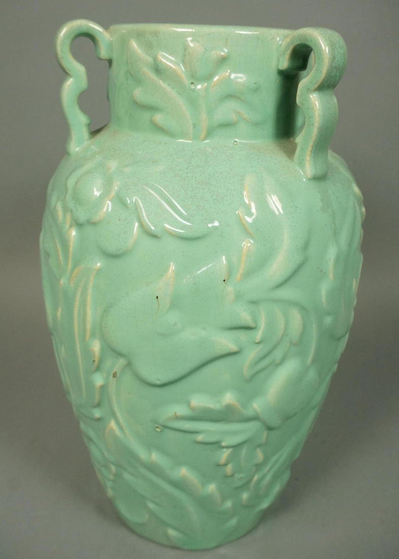 14" FULPER Art Deco American Art Pottery Vase. Tu: 14" FULPER Art Deco American Art Pottery Vase. Turquoise Glaze. Three Decorative Handles Relief floral design. Marked.-- Dimensions: H: 14 inches: W: 8 inches ---
