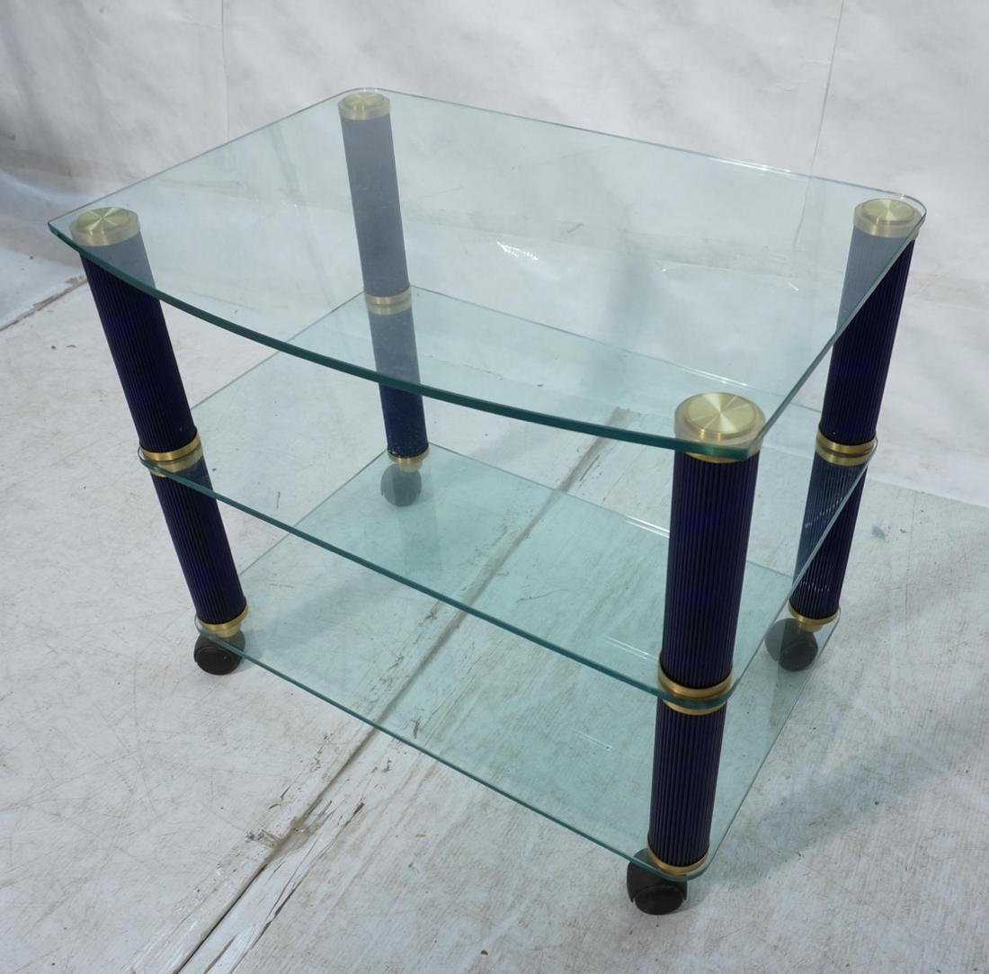 80's Modern Murano Glass Column Server Cart, Gla: 80's Modern Murano Glass Column Server Cart, Glass shelves and top with fluted Deep blue glass columns. Brass finish metal caps. Top shelf bowed out on front.-- Dimensions: H: 24.7527.75 inches: W: 27