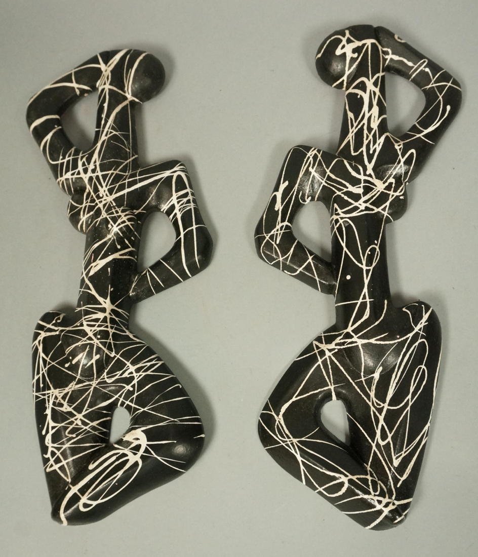 Pr FREDERICK WEINBERG Mini Wall Sculptures. Black: Pr FREDERICK WEINBERG Mini Wall Sculptures. Black with white sgraffito drip paint details on red Clay bodies. -- Dimensions: H: 15.5 inches: W: 6 inches ---