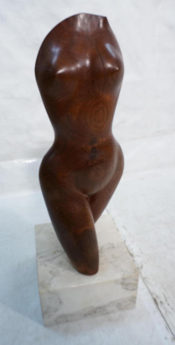 DAVID E ROGERS Carved Wood Female Torso. Marble B: DAVID E ROGERS Carved Wood Female Torso. Marble Base. From large collection of the artist/sculptor's work. Princeton, NJ artist and Vanderbilt University Professor.-- Dimensions: H: 32 inches: W: 11 i