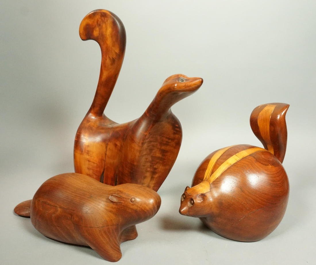 3pc DAVID E ROGERS Carved Wood Figural Sculptures: 3pc DAVID E ROGERS Carved Wood Figural Sculptures. Ground Animals: Long tailed animal with inlaid stripe. Fat Chipmunk with inlaid stripes. Little Beaver. Two larger are signed & dated. From large col