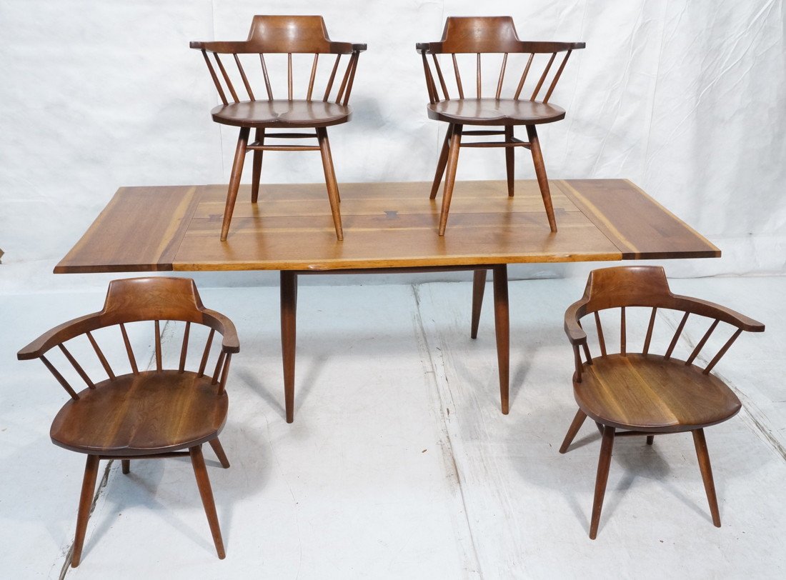 GEORGE NAKASHIMA Dining Table. Four Chairs.: GEORGE NAKASHIMA Dining Table. Four Chairs. Free edge Dining Table with Three Butterflies. Two 14.5" Leaves. Set includes Four Walnut NAKASHIMA Captain's Chairs.-- Included original receipt from 1957