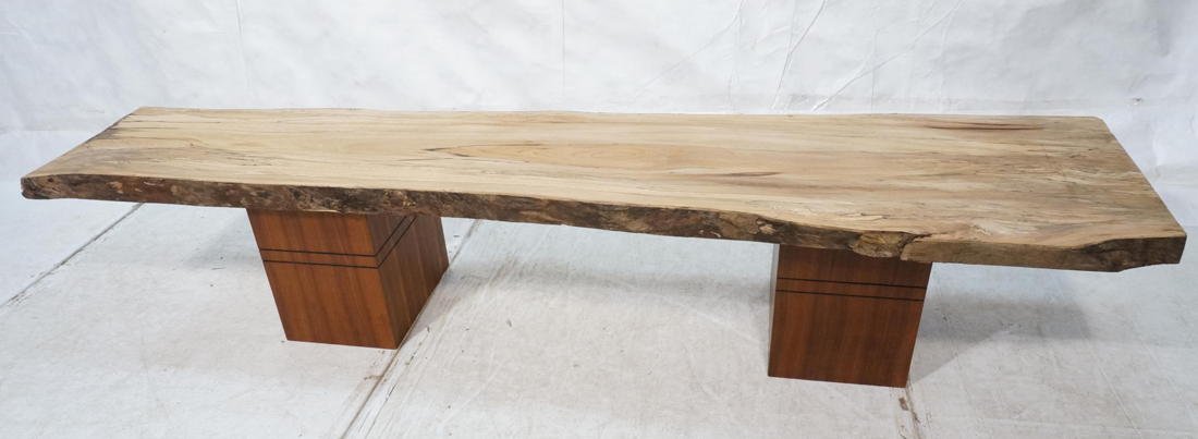 8'4" Dried Sycamore 2" Slab Free Form edge Bench.: 8'4" Dried Sycamore 2" Slab Free Form edge Bench. Natural Edges. Slab rests on two wood cubes with double cut bands. -- Dimensions: H: 18.5 inches: D: 21 inches: L: 99.75 inches ---