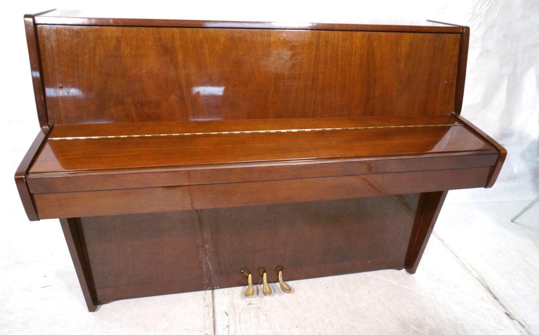 Modernist KAWAI Upright Piano. Original Bench. Hi: Modernist KAWAI Upright Piano. Original Bench. High Gloss Wood Cabinet. Angled Frame.-- Dimensions: H: 42.5 inches: W: 57 inches: D: 23 inches ---