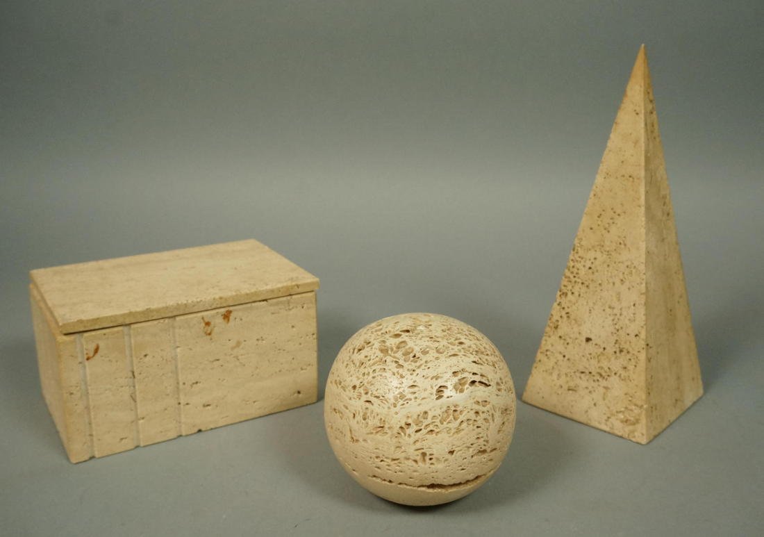 3pc Italian Travertine Vintage Sculptures. Lidde: 3pc Italian Travertine Vintage Sculptures. Lidded Box. Sphere. Tall Pyramid. Marked Marble Art, Italy-- Dimensions: H: 9 inches ---