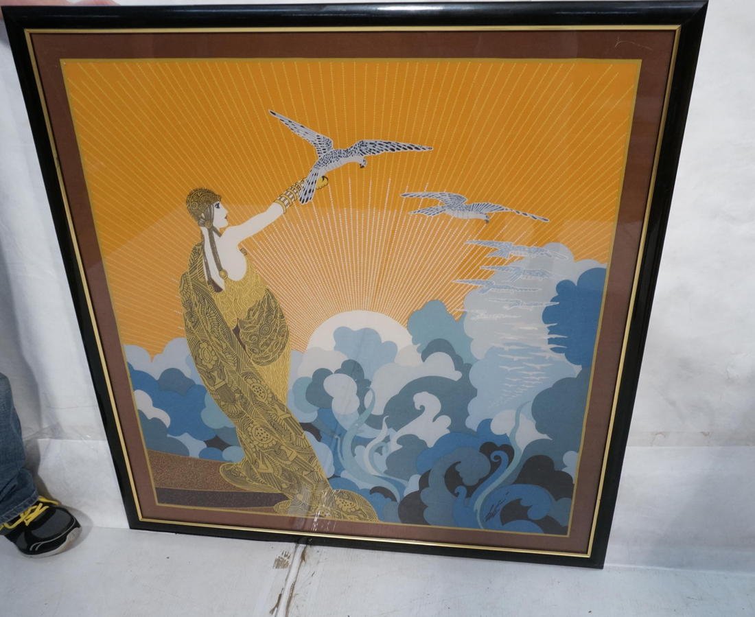 Framed ERTE Silk Scarf. Woman with Falcons Birds.: Framed ERTE Silk Scarf. Woman with Falcons Birds. -- Dimensions: Image Size: H: 33 inches: W: 31.75 inches ---