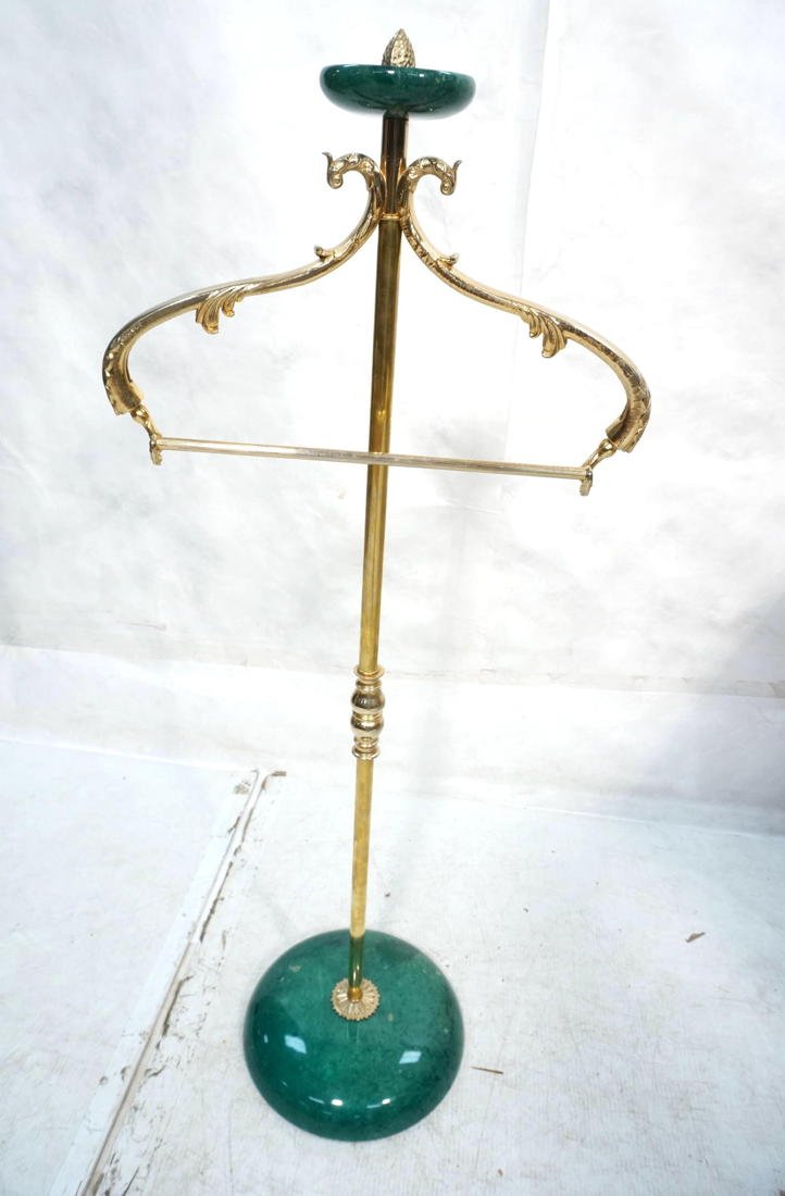 ALDO TURA Italian Brass Valet. Fancy Brass Stand: ALDO TURO Italian Brass Valet. Fancy Brass Stand with Green Goatskin Domed Base and Top. Pine cone finial. Not marked. -- Dimensions: H: 44 inches: W: 17.5 inches: D: 12 inches ---