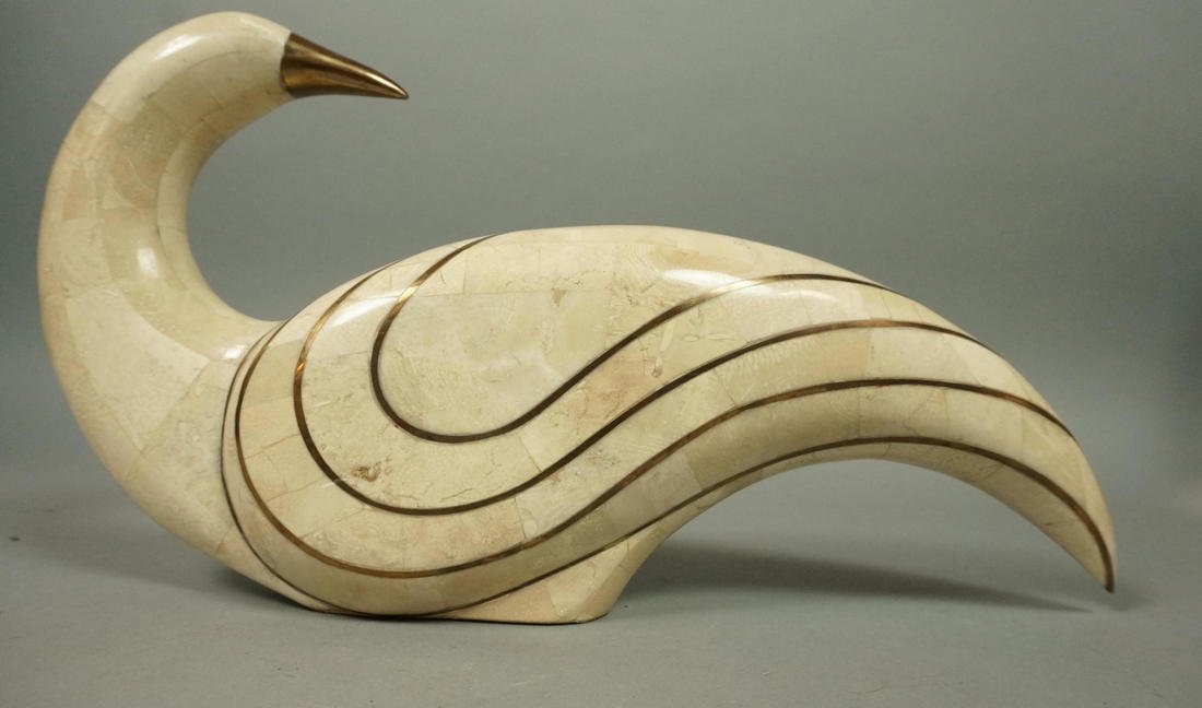 MAITLAND SMITH Travertine Terrazzo Brass Inlay Sw: MAITLAND SMITH Travertine Terrazzo Brass Inlay Swan Sculpture. Bird with brass beak-- Dimensions: H: 8.5 inches: W: 16 inches: D: 3.5 inches --- US Shipping charge: $35
