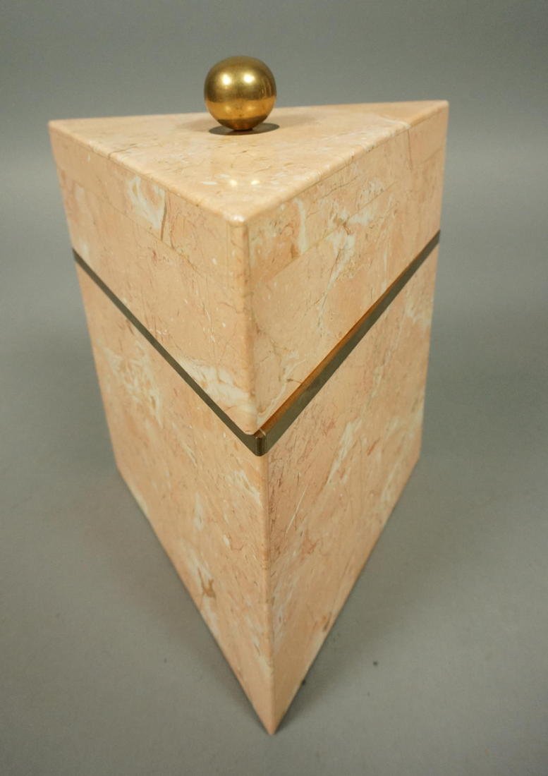 MAITLAND SMITH Travertine Terrazzo Brass Lidded B: MAITLAND SMITH Travertine Terrazzo Brass Lidded Box. Pink Stone with brass trim. Lined-- Dimensions: H: 8.25 inches: W: 7 inches: D: 6.25 inches --- US Shipping charge: $35