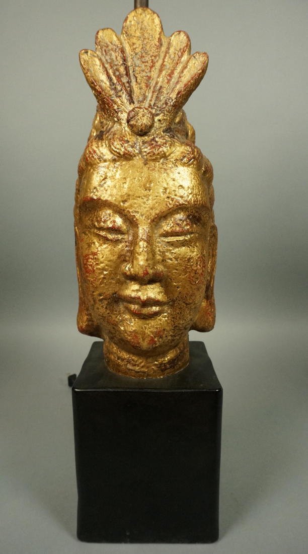 James Mont Style Buddha Lamp. Gold Gilt Asian God: James Mont Style Buddha Lamp. Gold Gilt Asian God QUARTITE CREATIVE CORP. Black Base. Marked. 1962 dated.-- Dimensions: H: 26 inches: W: 6 inches ---
