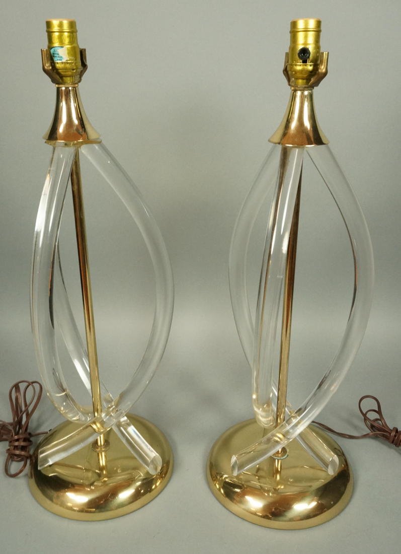 Pr Tall Lucite Table Lamps. 3 Bowed tubes with Do: Pr Tall Lucite Table Lamps. 3 Bowed tubes with Domed brass base and cap.-- Dimensions: H: 24 inches: W: 8 inches ---