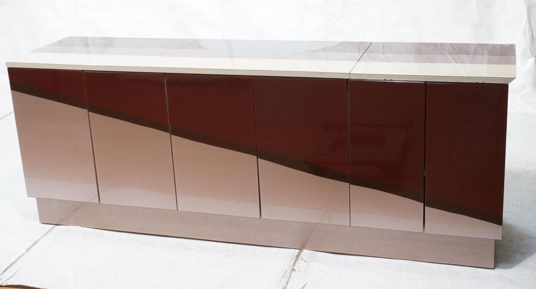 PIERRE CARDIN style Sideboard Credenza. Flip Up B: PIERRE CARDIN style Sideboard Credenza. Flip Up Bar Top. Acrylic Coated Finish. Angle Painted 5 Color Design. Not marked-- Dimensions: H: 32.25 inches: W: 85 inches: D: 21 inches ---