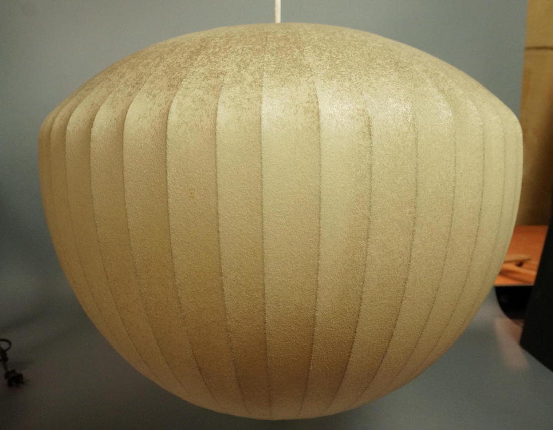 GEORGE NELSON Bubble Hanging Pendant Light. Parch: GEORGE NELSON Bubble Hanging Pendant Light. Parchment over Wire Frame. Metal cap has Lightolier tag. -- Dimensions: H: 16 inches: W: 19 inches ---
