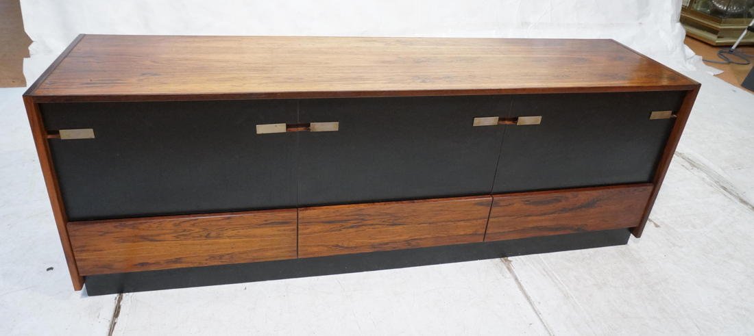 Danish Modern Rosewood Credenza Cabinet. 3 drop: Danish Modern Rosewood Credenza Cabinet. 3 drop down doors over 3 drawers. Black front doors.-- Dimensions: H: 26.25 inches: W: 73.5 inches: D: 18 inches ---