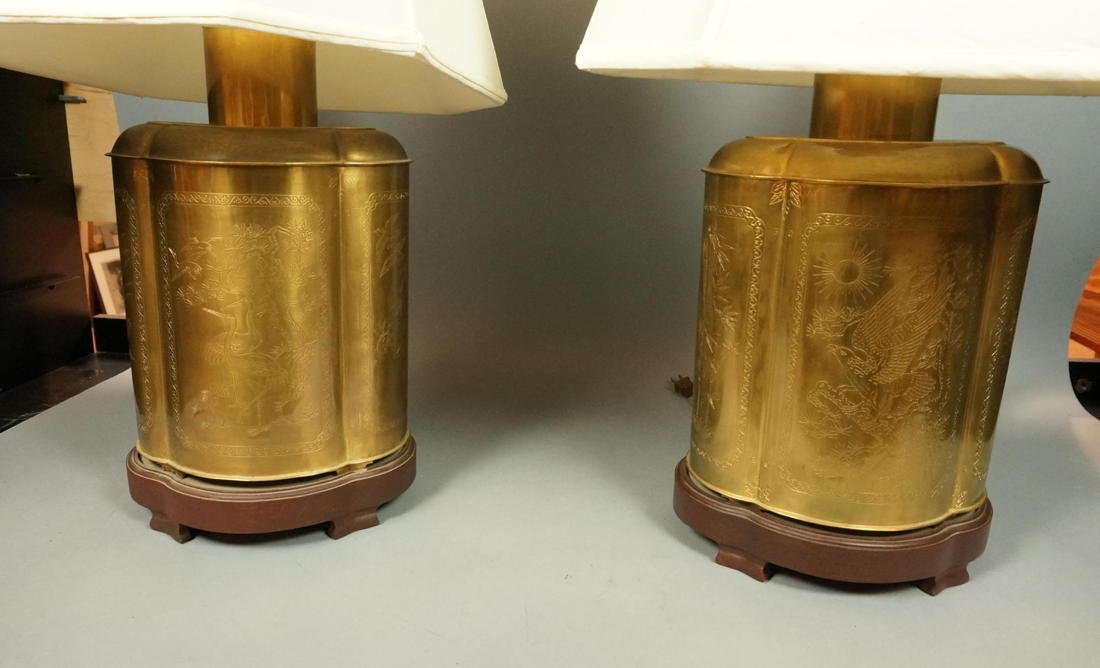 Pair Decoration Asian Style Brass Lamps. Ginger: Pair Decoration Asian Style Brass Lamps. Ginger Jar Style. Etched decoration. Heyward House Label.-- Dimensions: H: 29.75 inches ---