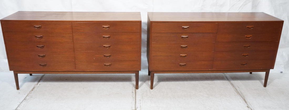 Pr Danish Modern Teak Dressers. Ten Drawer Low Ch: Pr Danish Modern Teak Dressers. Ten Drawer Low Chests. Recessed wood pulls. Raised on tapered legs. Hans Wegner style. -- Dimensions: H: 34 inches: W: 59 inches: D: 18.5 inches ---