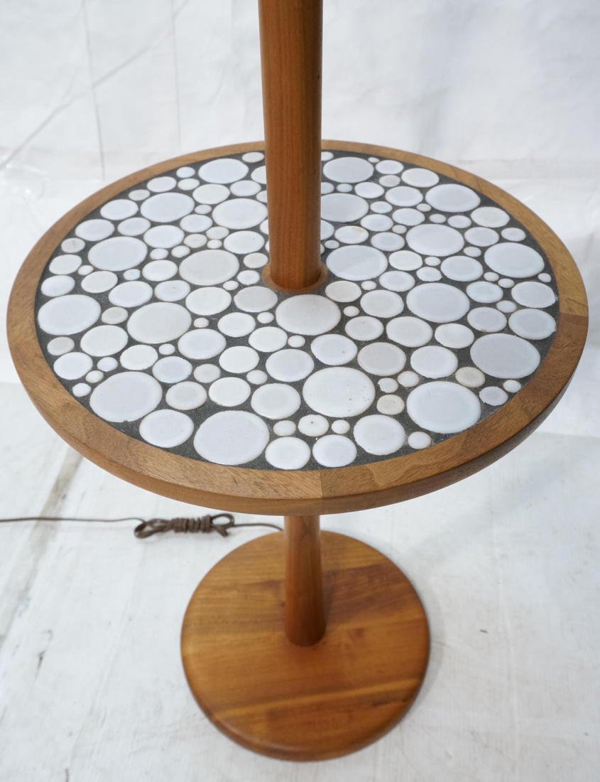 MARTZ Walnut Lamp Table. Round table top with Mar: MARTZ Walnut Lamp Table. Round table top with Martz glazed ceramic tile mosaic. Marshall studios wood finial. Marshall studio label.-- Dimensions: H: 60 inches: W: 15.5 inches ---
