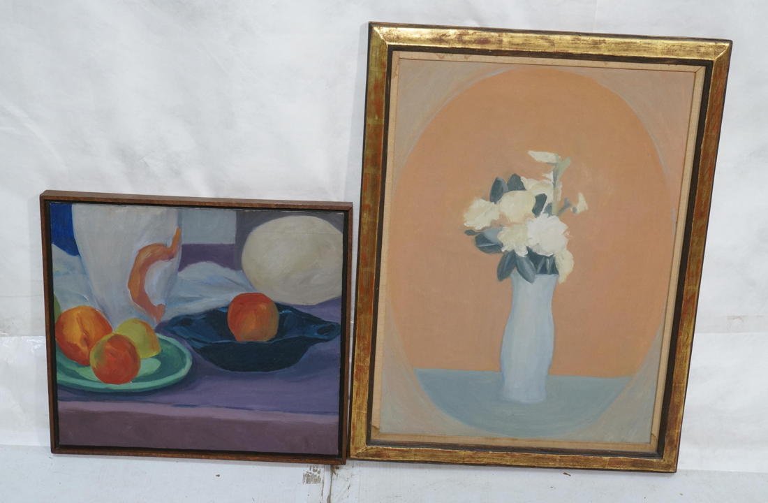 2pc STUART EGNAL Modernist Still Lifes. Abstract: 2pc STUART EGNAL Modernist Still Lifes. Abstract Oil Painting on Canvas. 1. Flowers, 1964. 2. Fruit Still Life, marked PMCA 1962. Ink signature on frame. STUART M. EGNAL (Philadelphia Artist), 1940-19