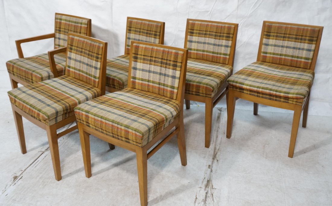 Set 6 R-WAY Dining Chairs. One arm. Five Sides. P: Set 6 R-WAY Dining Chairs. One arm. Five Sides. Plaid Upholstery. Not marked-- Dimensions: H: 33 inches: W: 21 inches: D: 19 inches ---