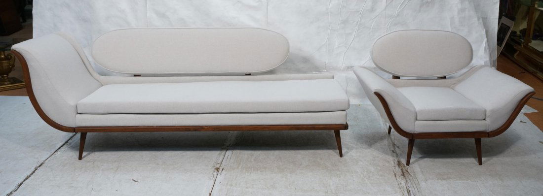 2pc Sofa & Large Oversized Lounge Chair. American: 2pc Sofa & Large Oversized Lounge Chair. American Modern Pearsall style. Upholstered seat with exposed wood frame & peg legs. Floating Backs. Couch has chaise lounge arm.-- Dimensions: H: 33 inches: W