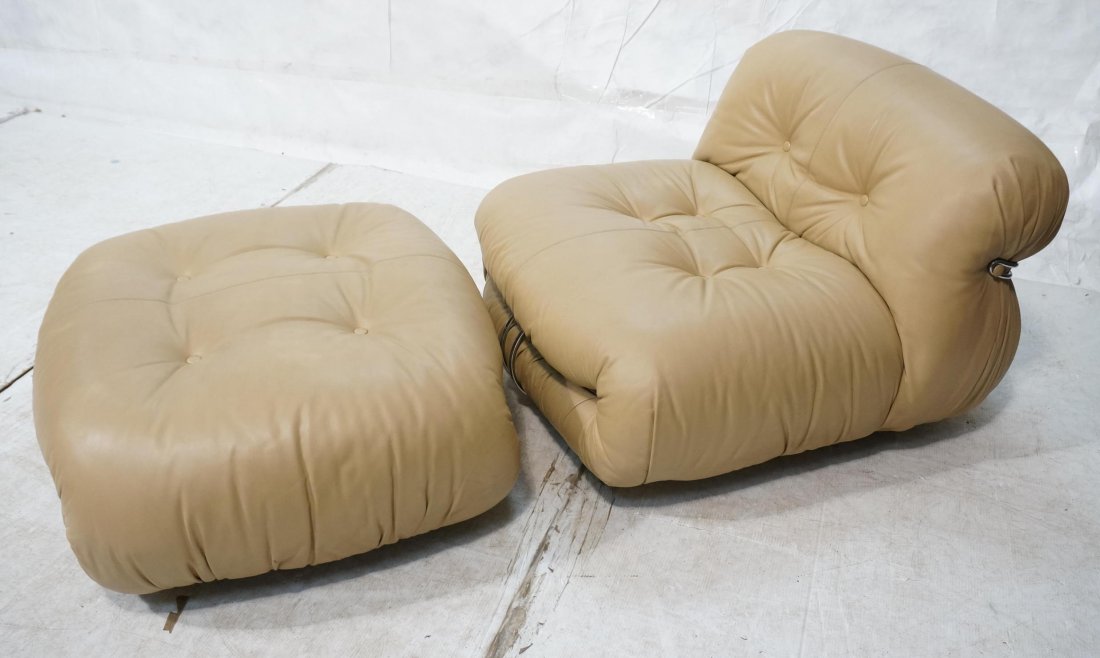AFRA TOBIA SCARPA for CASSINA Chair & Ottoman. SO: AFRA TOBIA SCARPA for CASSINA Chair & Ottoman. SORINA Day Bed. Beige Leather Upholstery. Chrome accents. Label. Ottoman on wheels. -- Dimensions: H: 27 inches: W: 34 inches: D: 64 inches ---